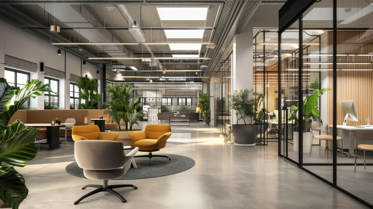 Interior de escritório moderno com cadeiras amarelas e bege, abundância de plantas verdes, divisórias de vidro e iluminação natural.