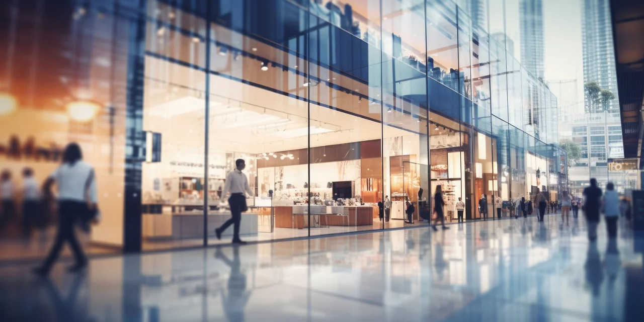 Espaço comercial de luxo moderno com vitrine de vidro, interior iluminado e compradores movendo-se pelo piso reflexivo em um distrito empresarial.