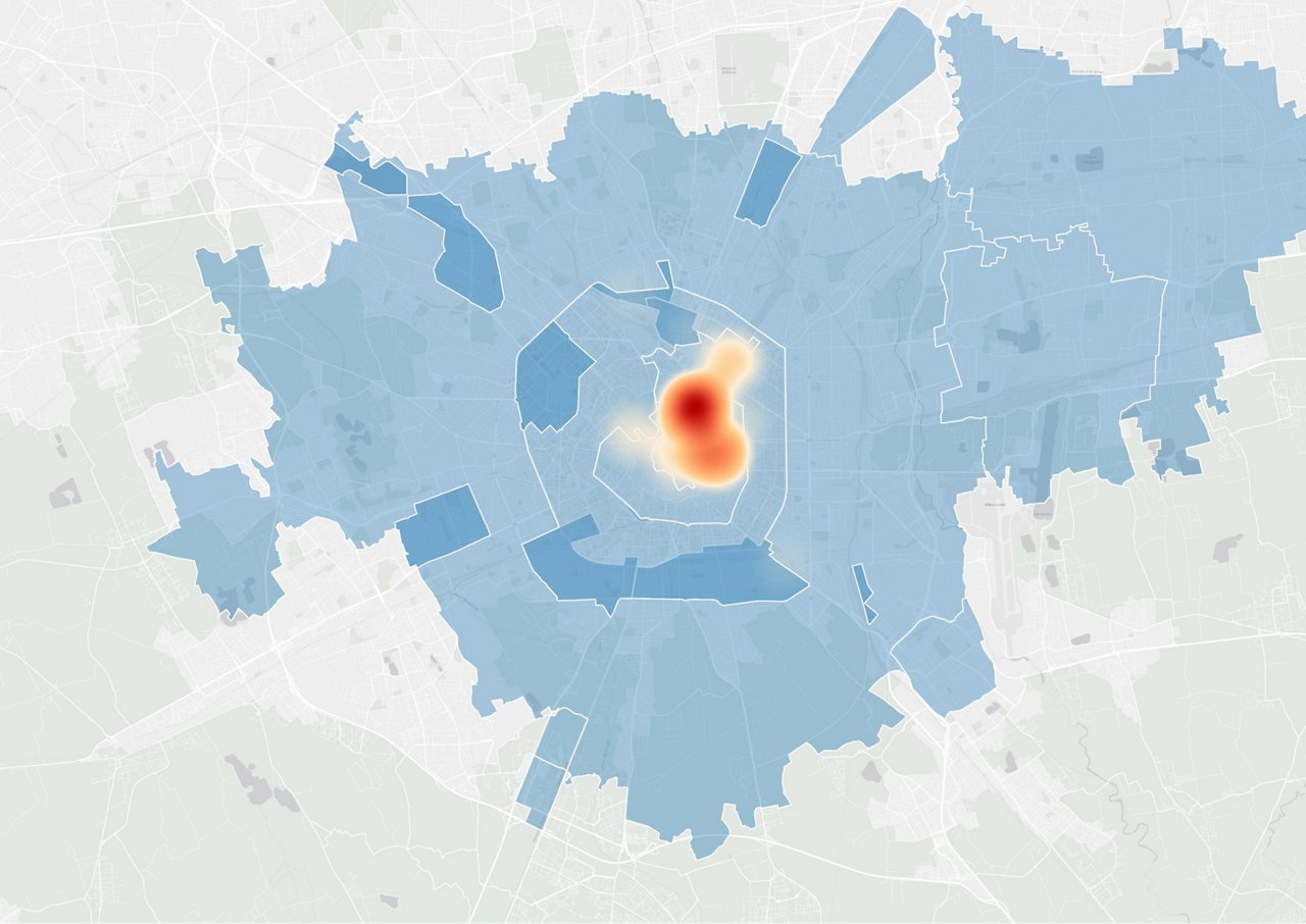 Heat map showing geographic data density with red-orange hotspot in central area surrounded by blue zones on light background.