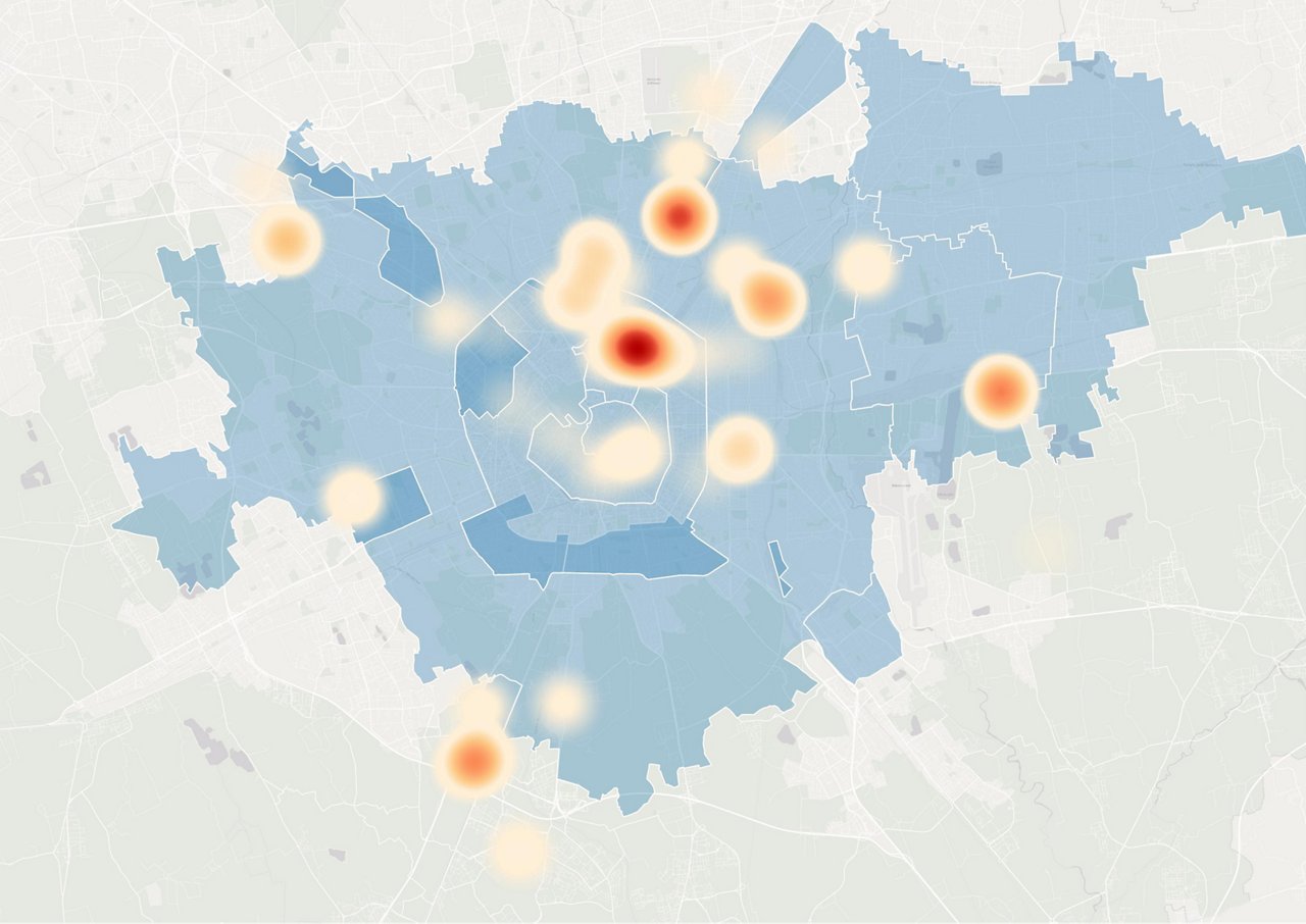 Heat map displaying multiple data hotspots across Milan with orange-red concentration points on blue geographic zones.