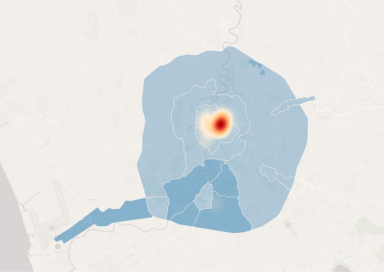 Heat map showing central data hotspot with red-orange concentration point surrounded by blue zones on city outline.