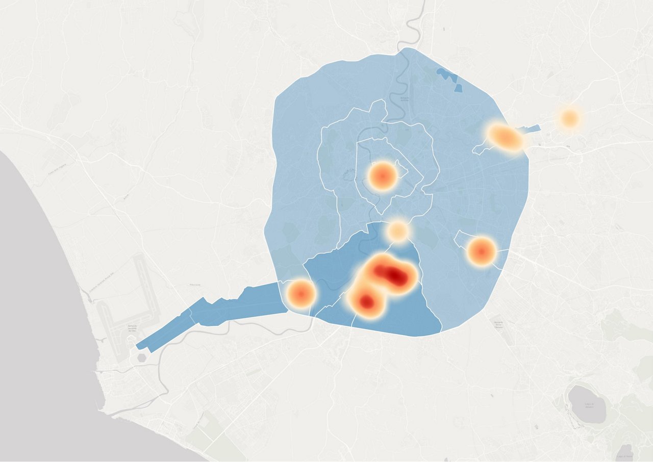  Heat map displaying multiple orange-red data concentration points across blue geographic zones with varying intensity levels.