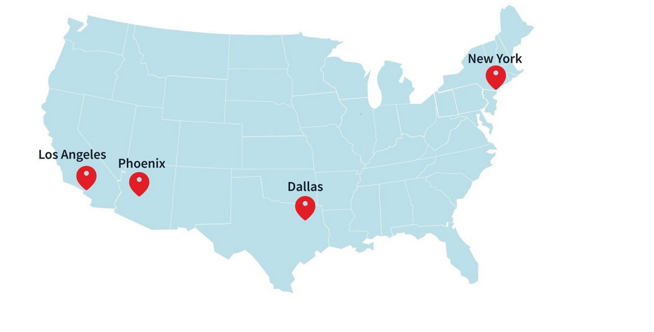 US map showing locations of New York, Los Angeles, Phoenix, and Dallas with red pin markers on pale green background.
