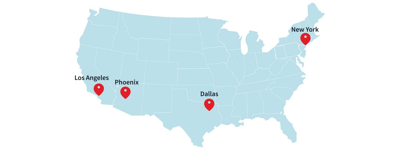 US map showing locations of New York, Los Angeles, Phoenix, and Dallas with red pin markers on pale green background.