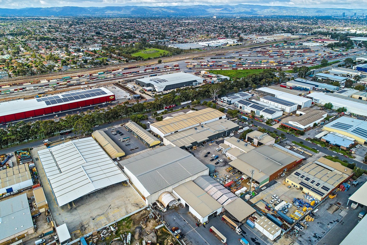Aerial view of a large industrial and logistics complex