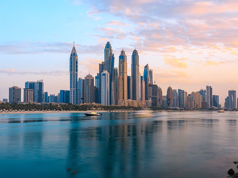 Dubai Marina from the sea side during sunset