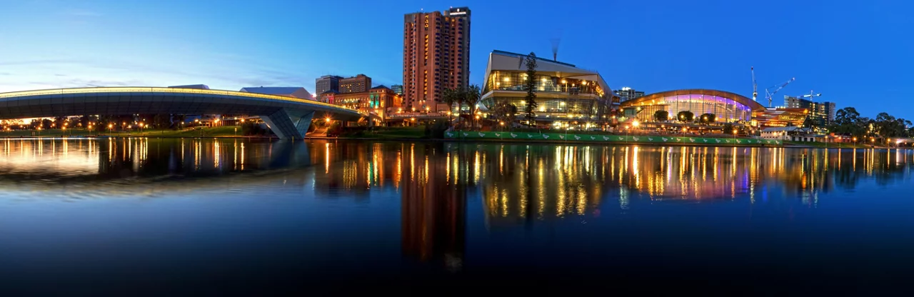 Panorama of the Adelaide Riverbank Precinct at sunrise