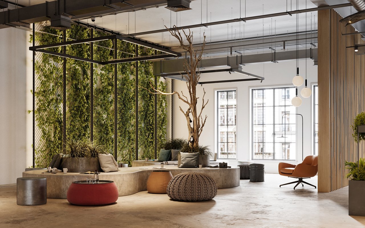 3D Rendering of modern office space. Creative office space decorated with beautiful articles.