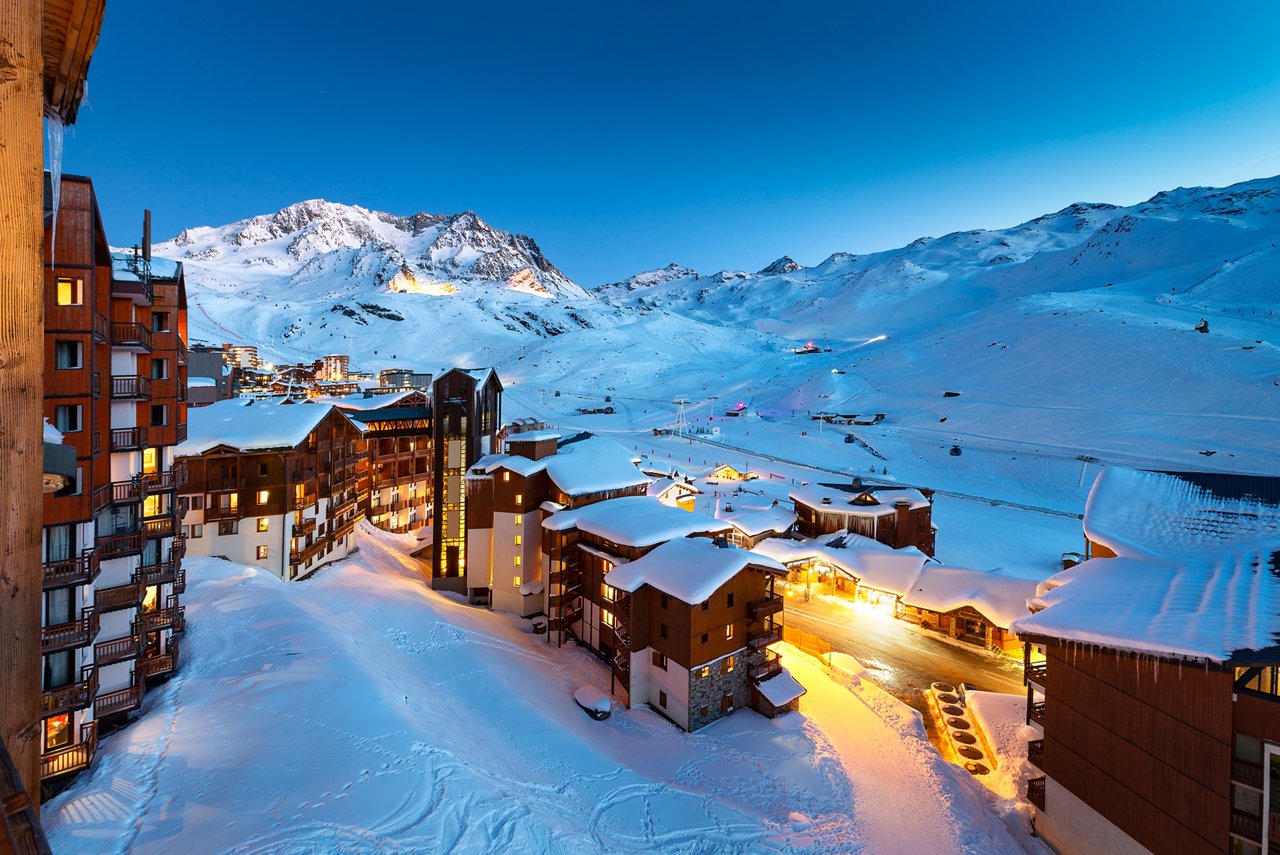 Panorama of famous Val Thorens in french alps by night, Vanoise, France"n