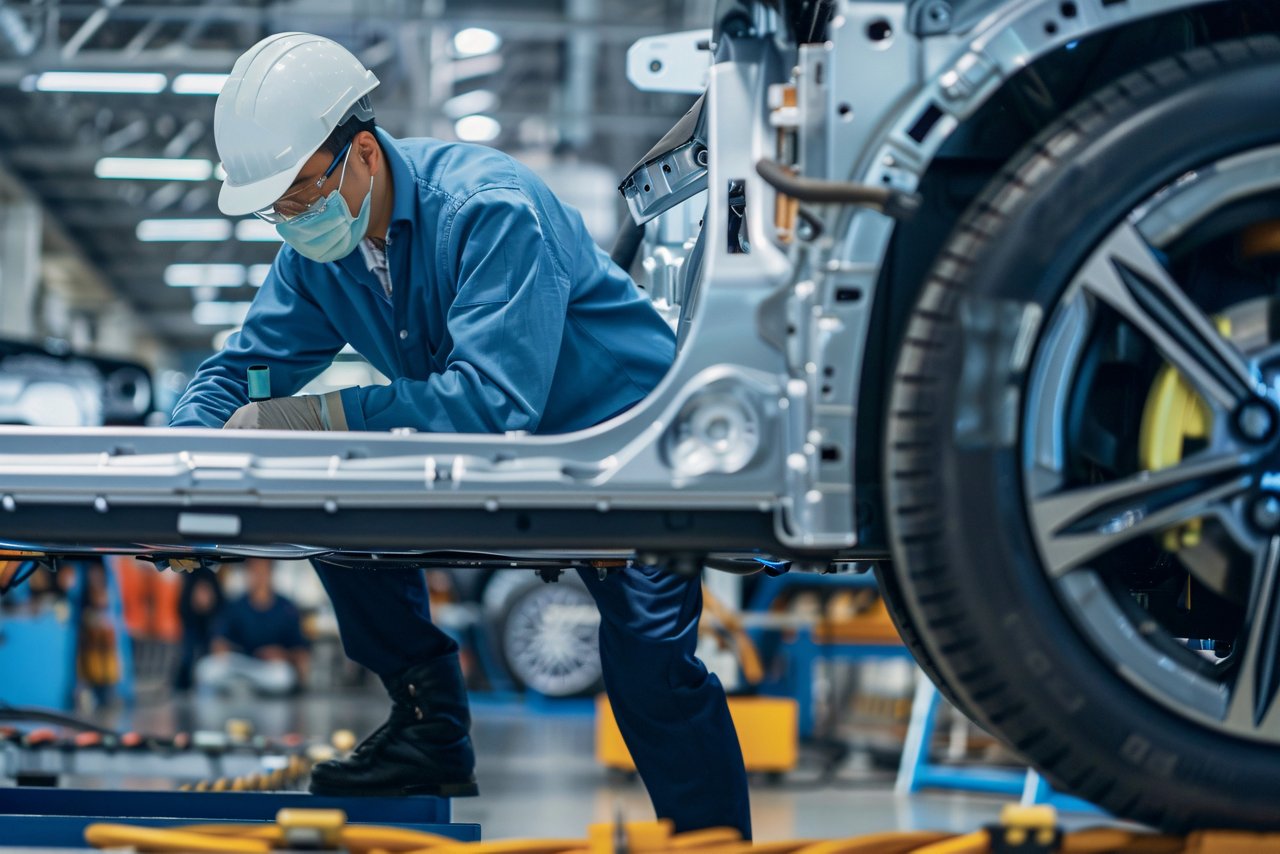 Chinese technician working on EV car battery cells