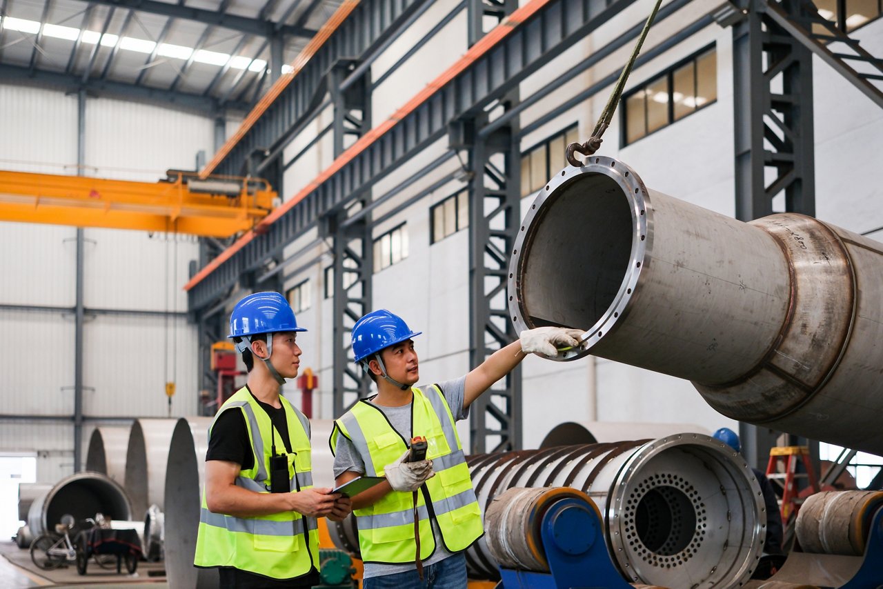 Two Asian blue-collar workers discussing work in the boiler factory.