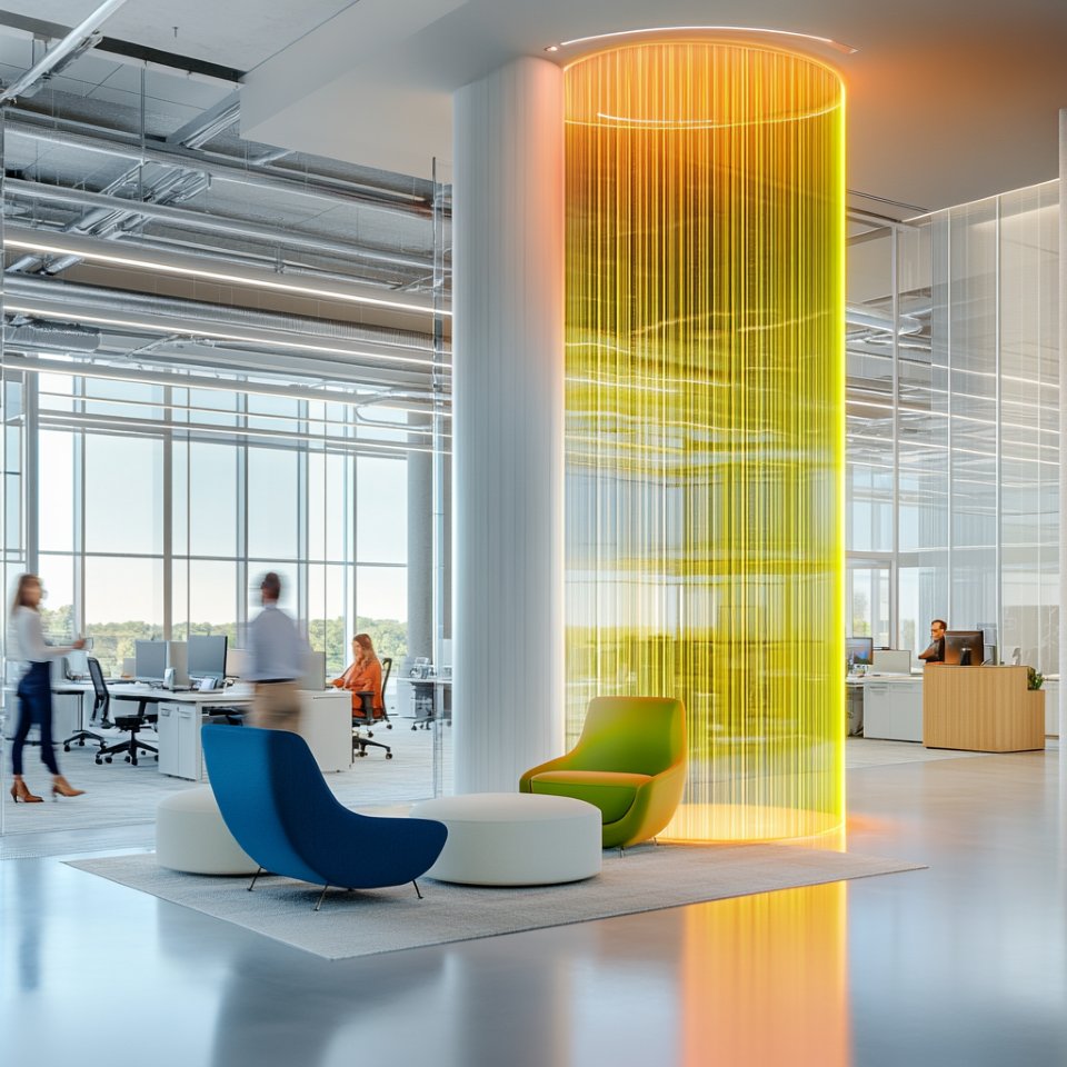 Contemporary office lobby with cylindrical yellow light feature, colorful seating, and employees in open workspace.