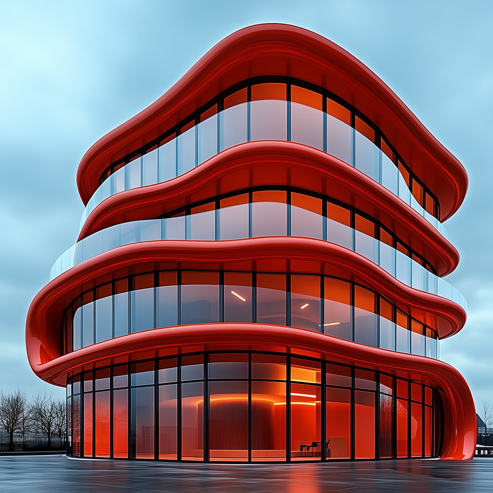 Edifício moderno curvo com arquitetura fluida vermelha, janelas do chão ao teto e interior laranja iluminado.