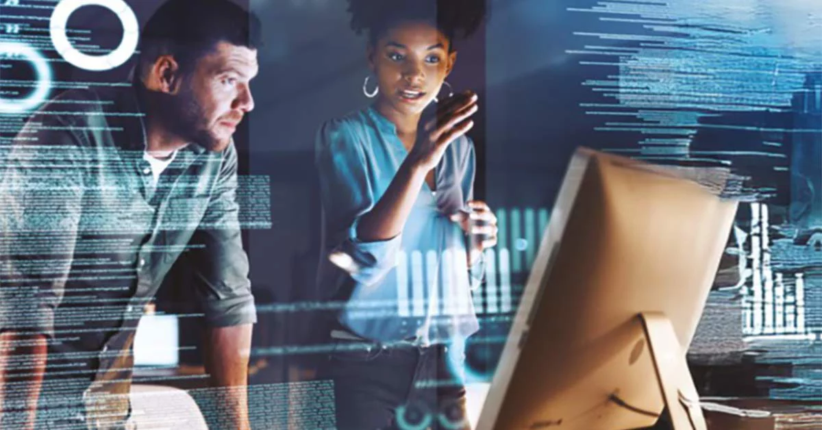 Man and a woman discussing the AI interface on a holographic computer
