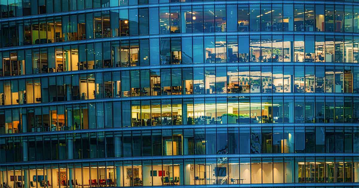 Office buildings with people