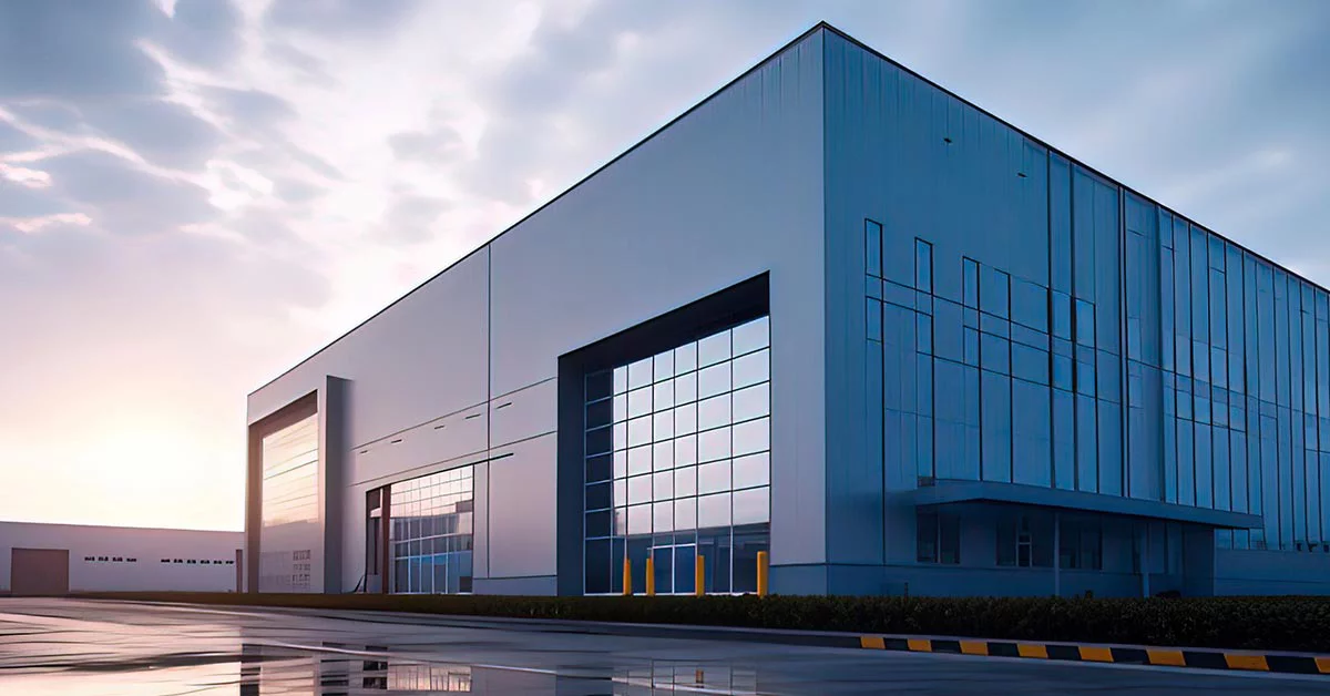 Exterior of modern logistic warehouse with office units
