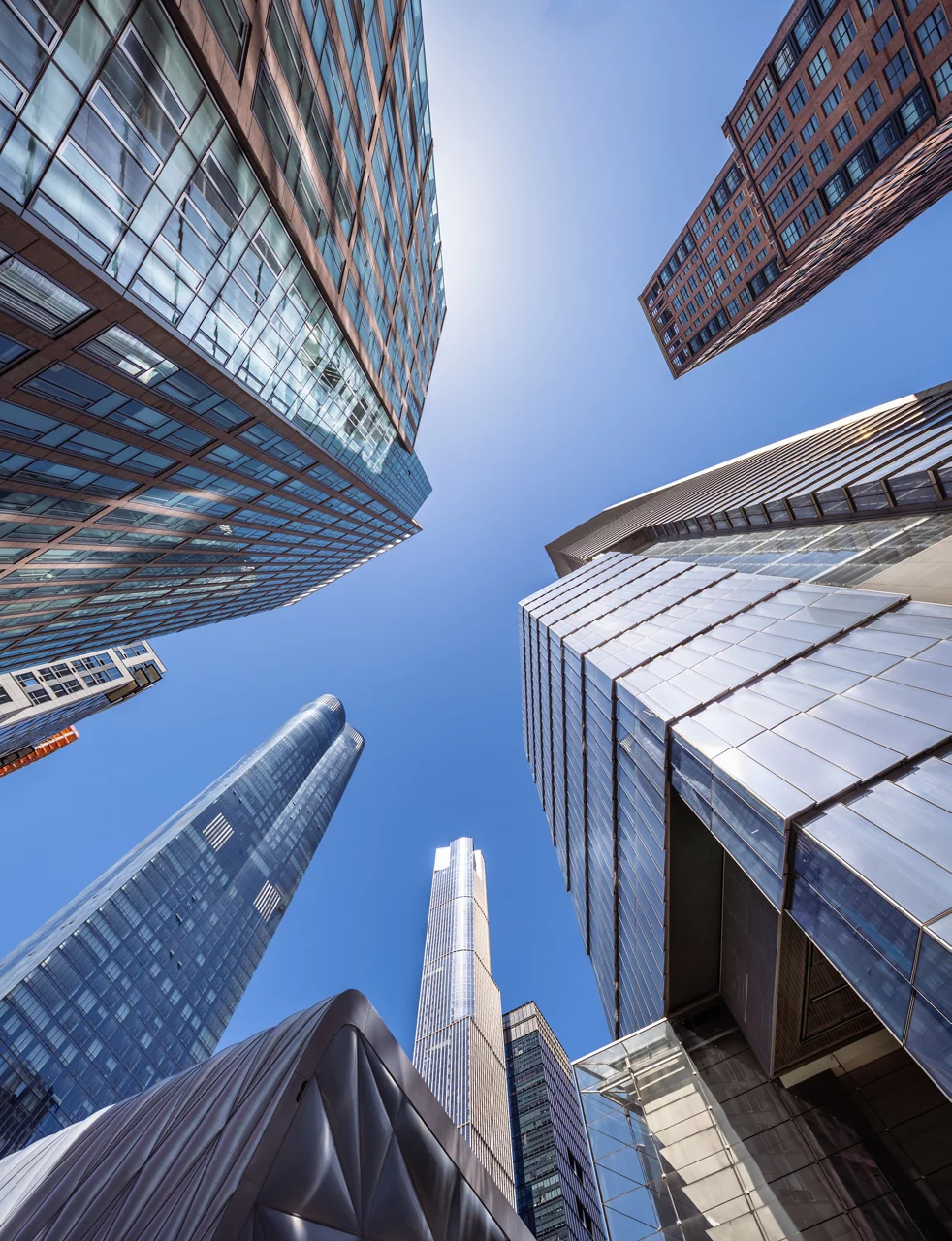 This panoramic view looks up at some of the towers at Hudson Yards 