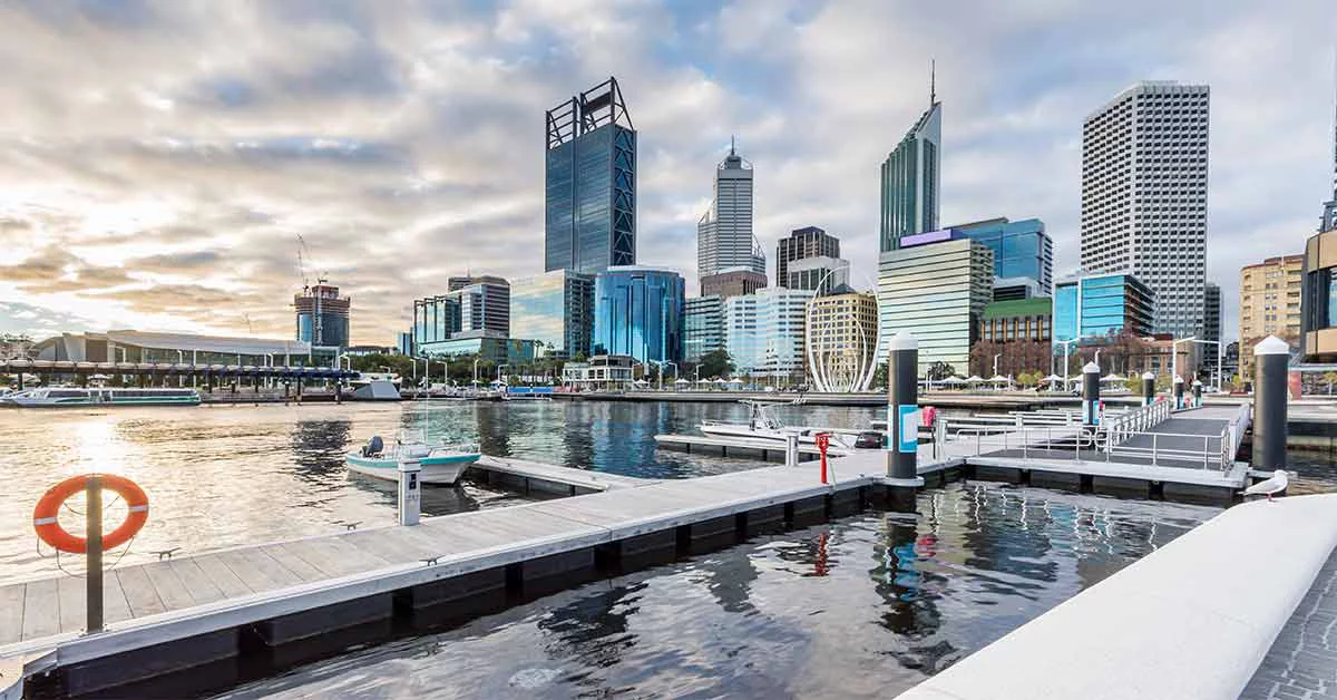 City skyline viewed from a dock.