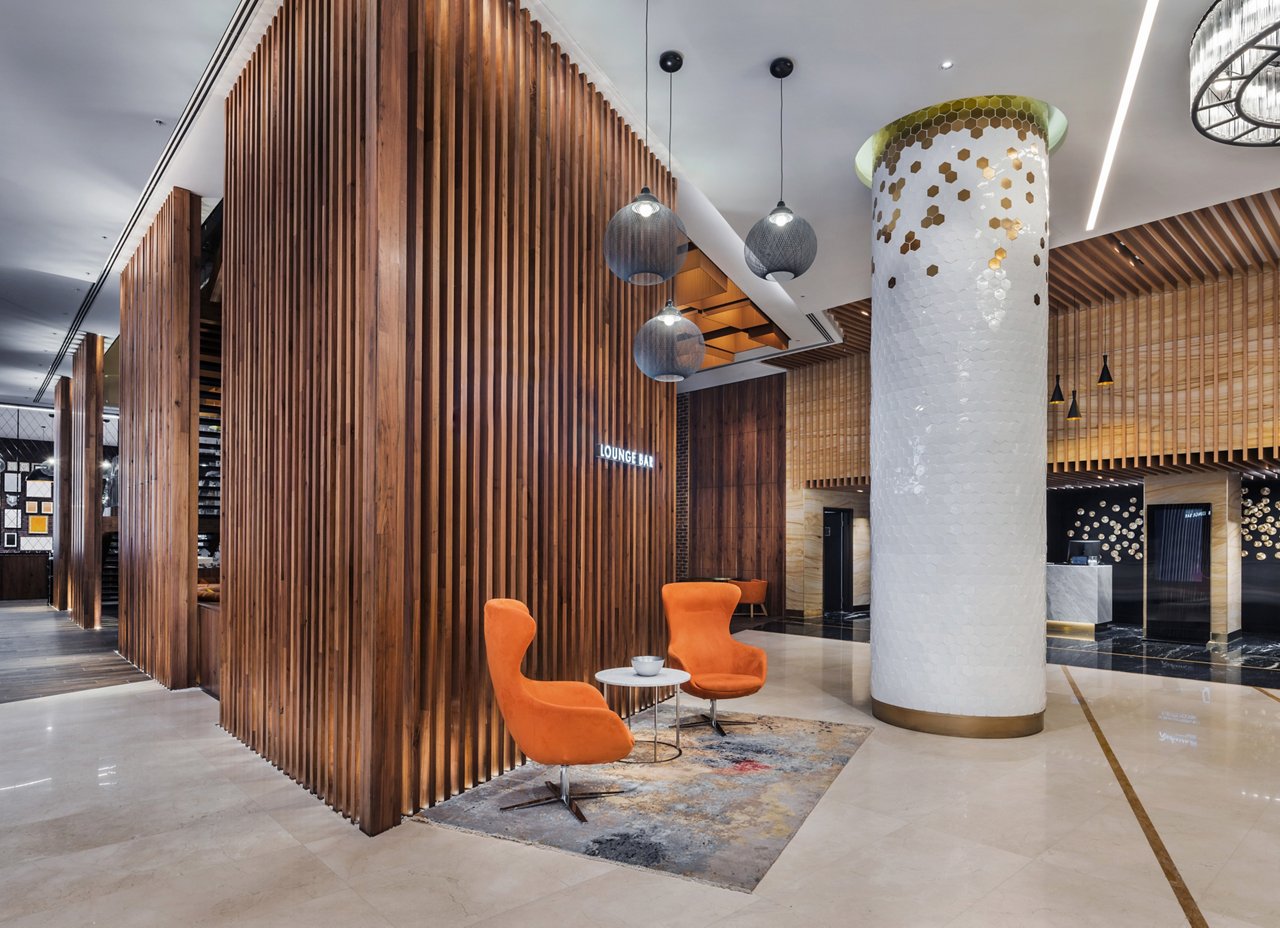 interior design of the lounge area in a luxury hotel