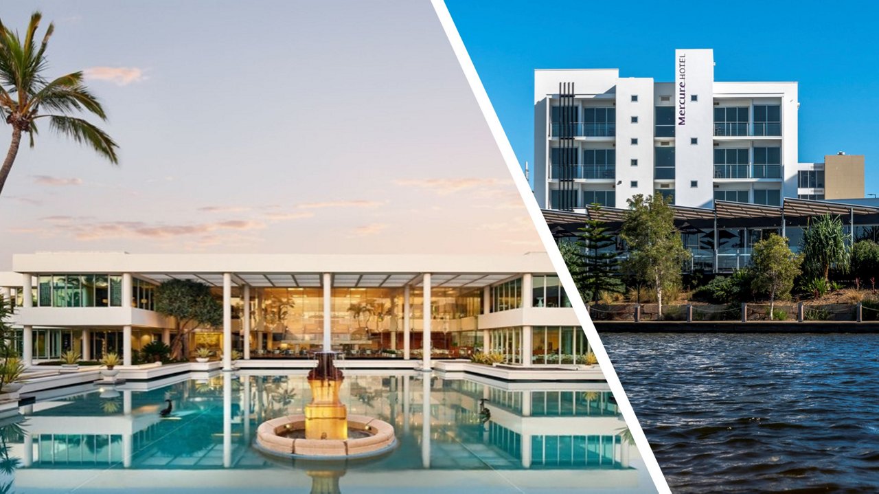 images of two mansions with waterbody in front