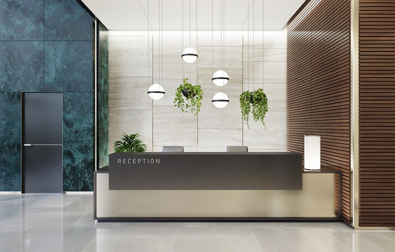 Modern and luxurious Offices lobby interior area with elevators and stairs. Long reception desk.green marble wall tiles decoration. 3d rendering