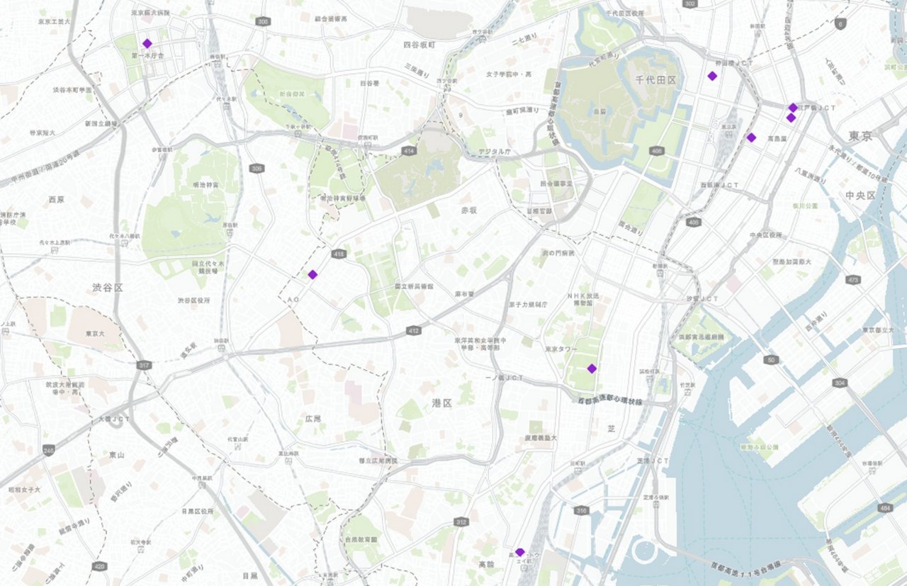 2026年に竣工予定のAグレードオフィスの位置を示した東京の地図