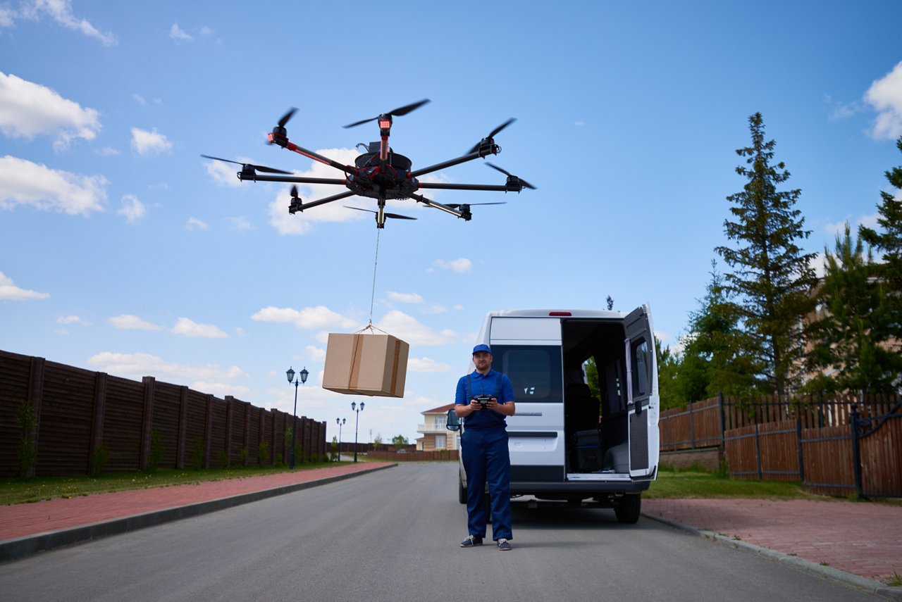 Drone delivering parcel to a man