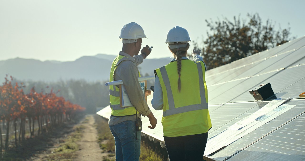 Solar panel, team and farm inspection on renewable energy panels
