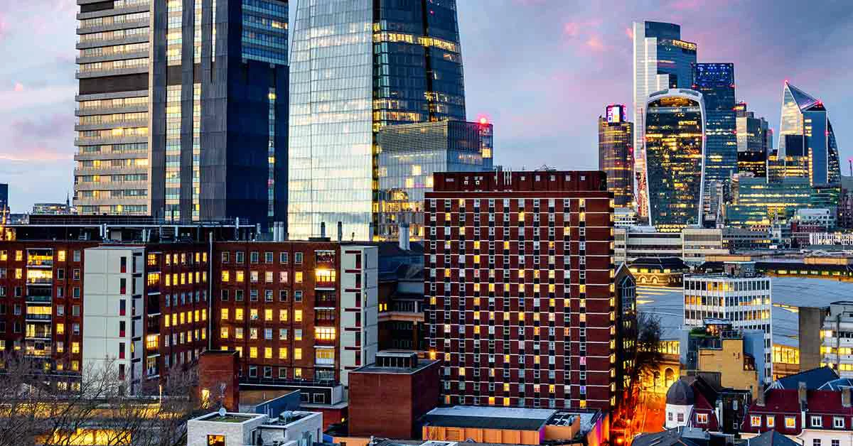 A stunning view of London's skyline at dusk, with famous landmarks outlined by the fading light.