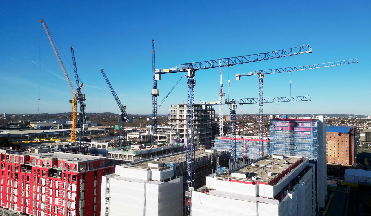  A high-angle shot shows a construction site
