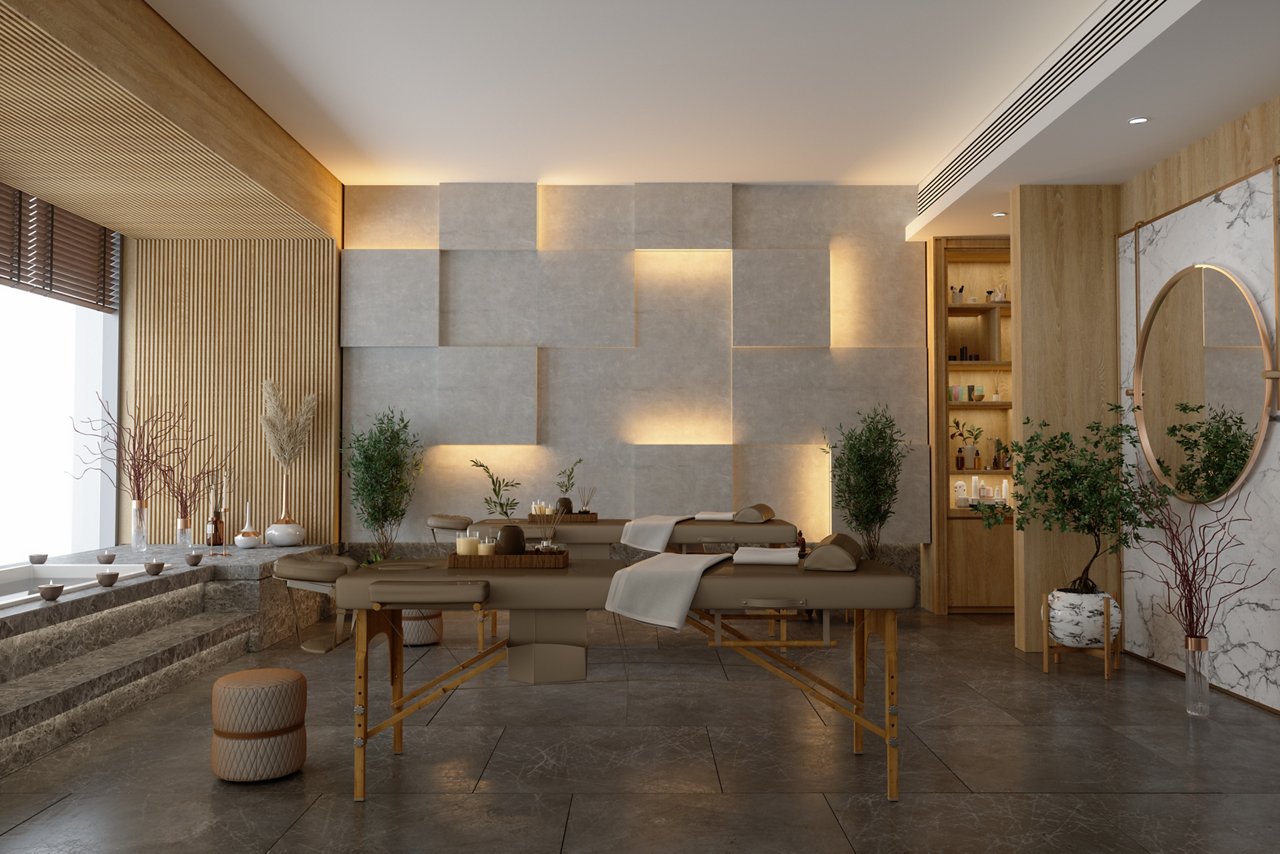 Luxury Spa Massage Room Interior With Massage Tables, Hot Tub And Marble Floor