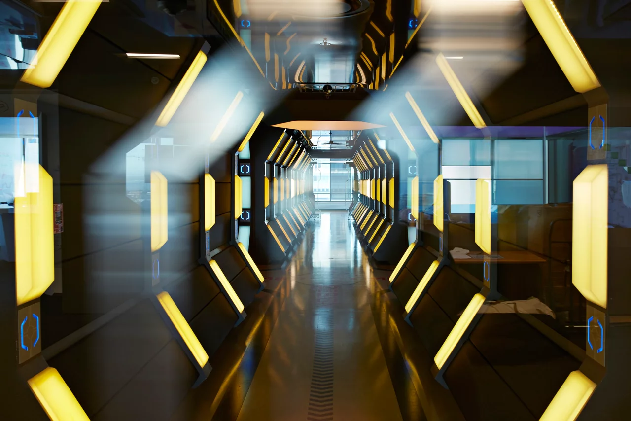 Interior shots of incredible high tech office, custom designed in futuristic spaceship style.