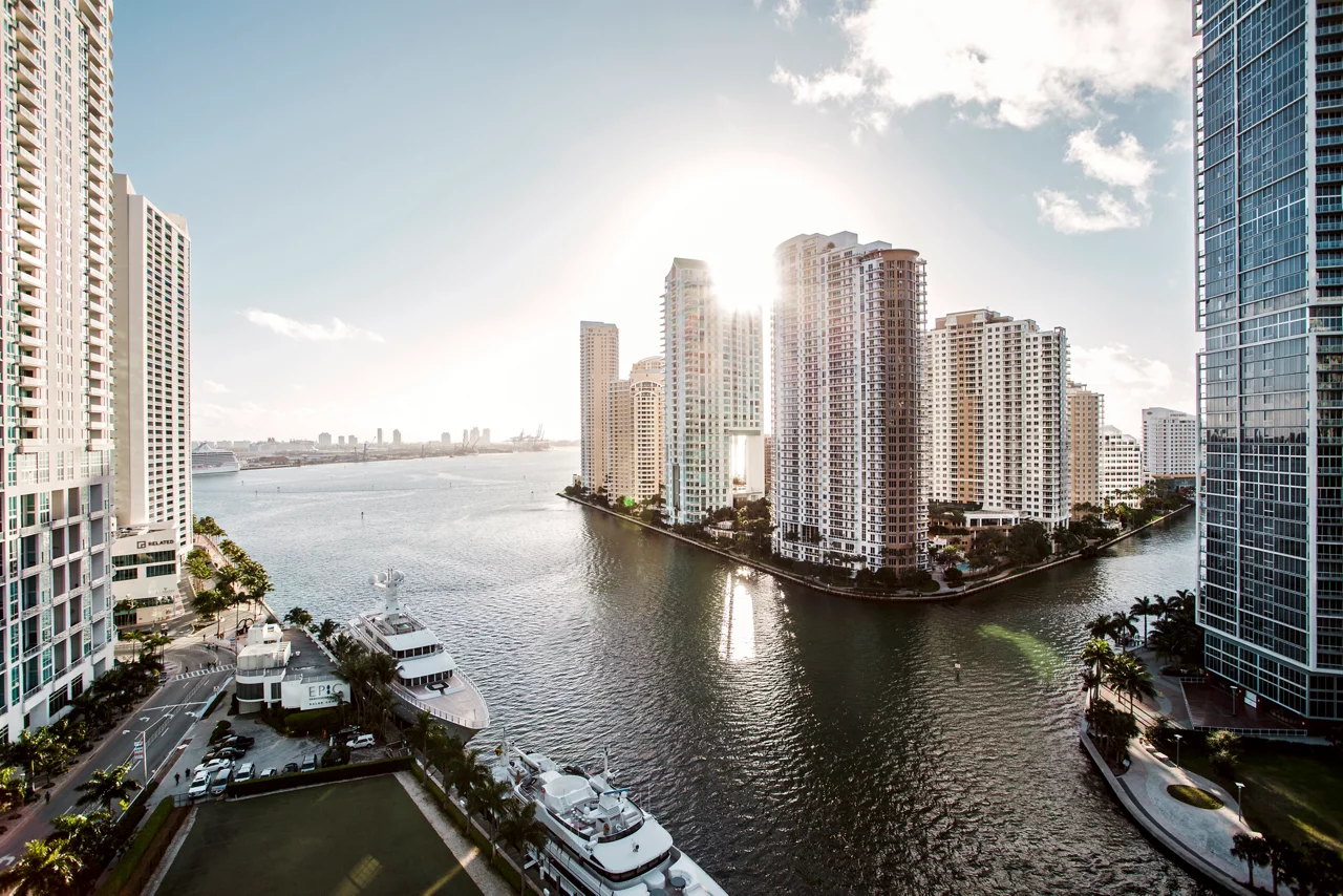 View onto Brickel Key, Miami skyline at sunrise