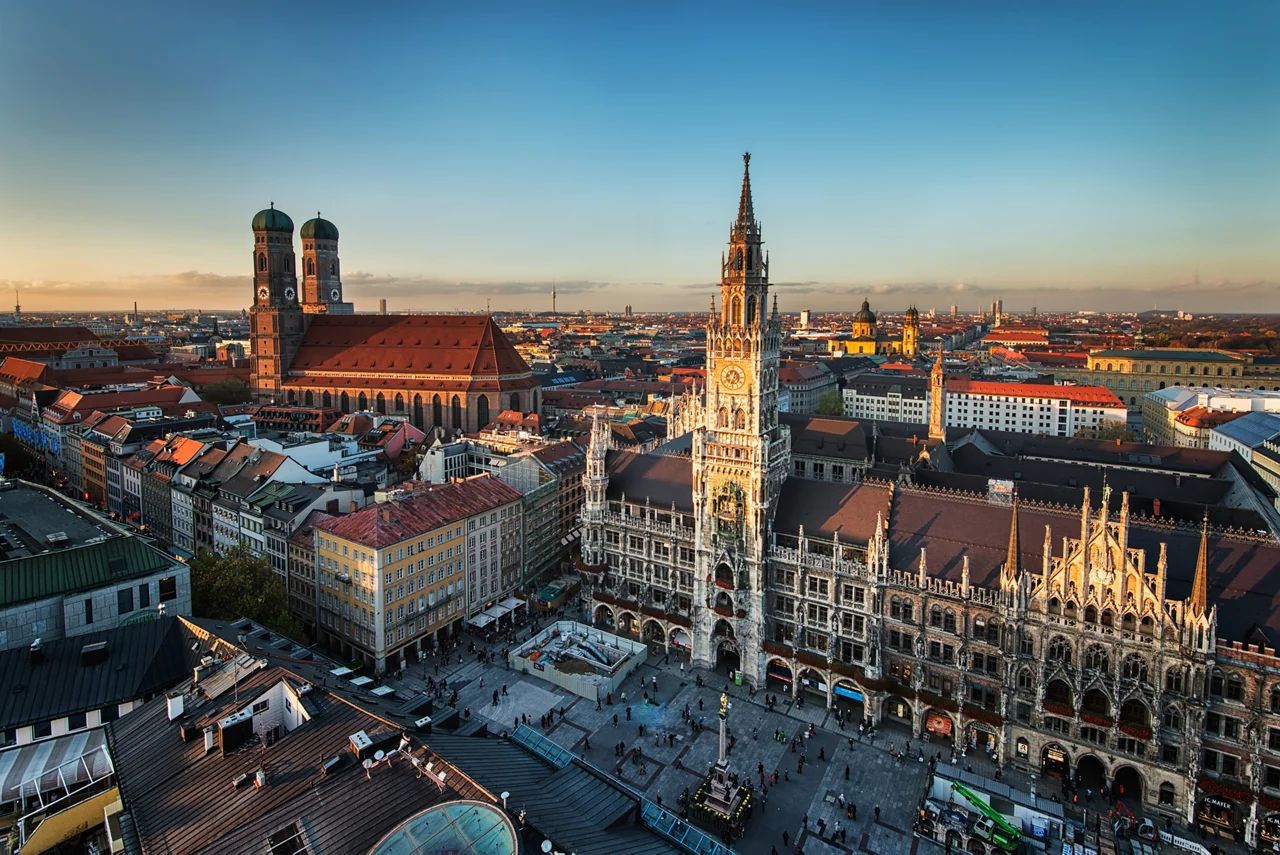 Aerial view of Munich, Germany, featuring the city's iconic skyline
