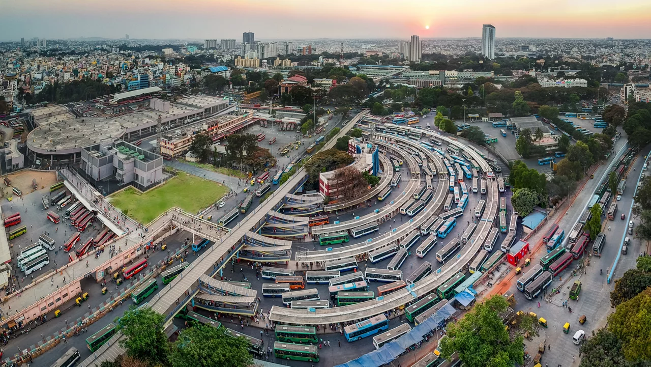 Aerial panoramic view of City Bus-stand (Majestic), Kempegowda Metro Station, KSRTC Bus-stand and City Railway Station, Bangalore, India