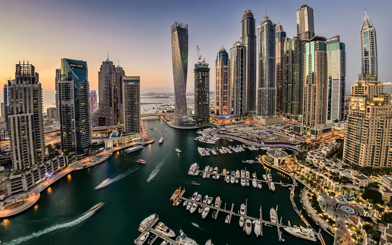 Aerial view of Dubai Marina in the evening.