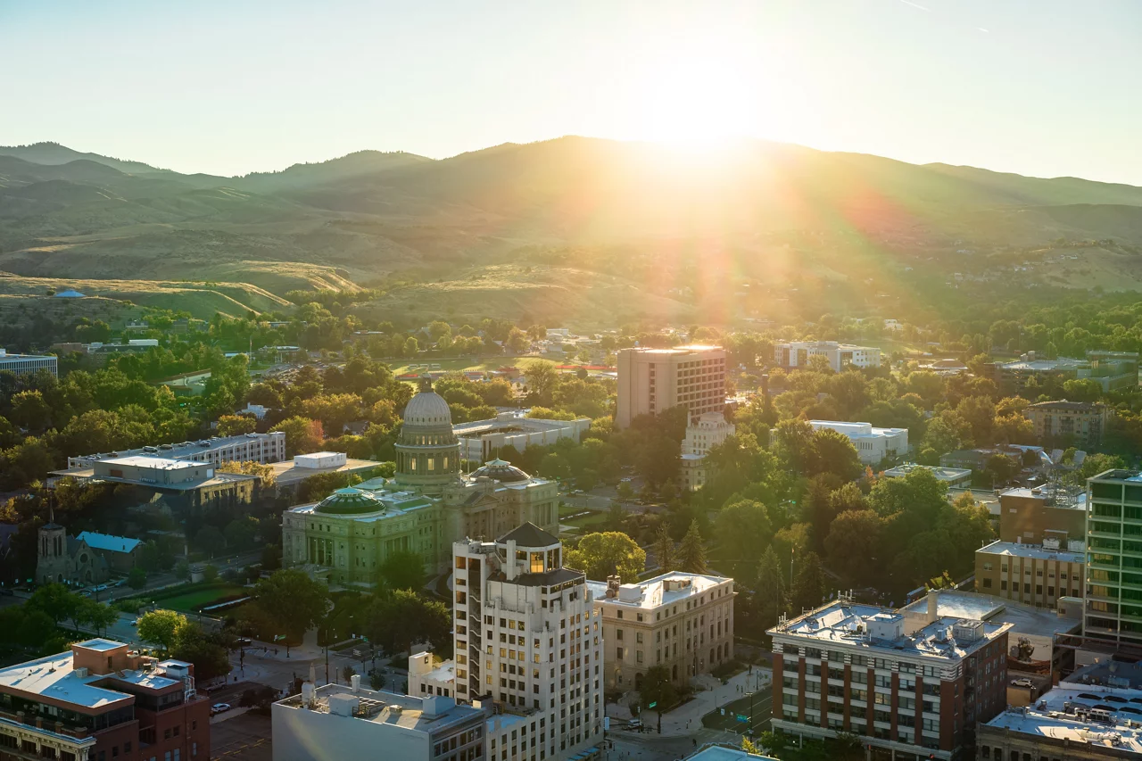 Early Morning Sunlight Shining on the Idaho State Capitol in Downtown Boise at Dawn