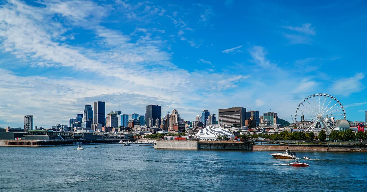 Panoramic view of Montreal skyline from the water