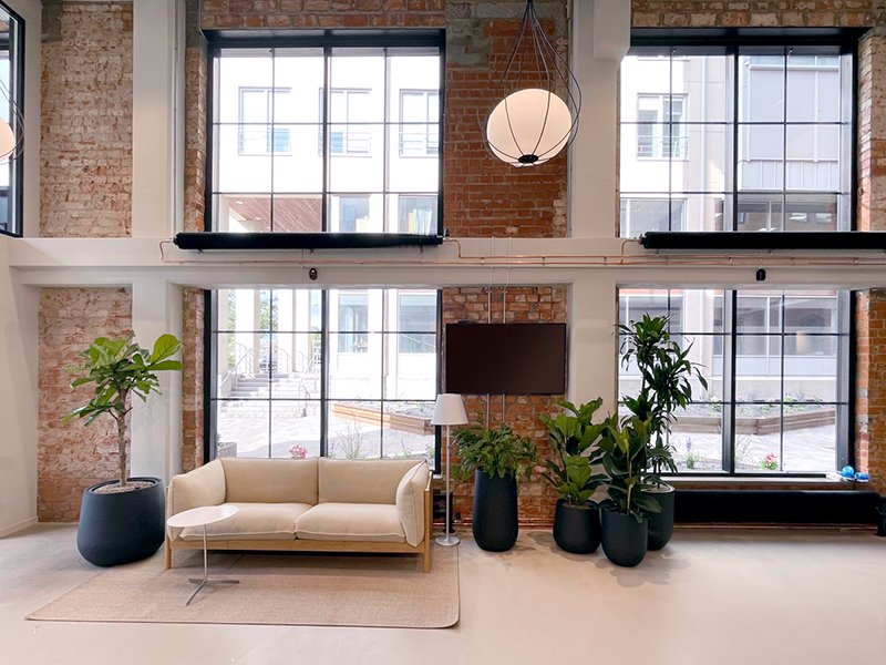 The image shows a modern, bright office lounge area with large industrial-style windows letting in natural light