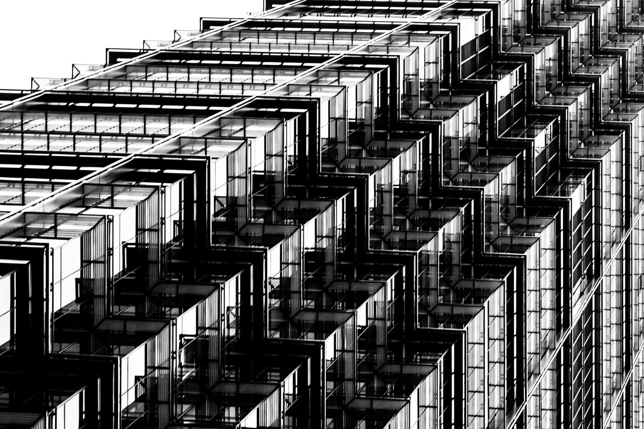 Hong Kong modern commercial architecture B&W.