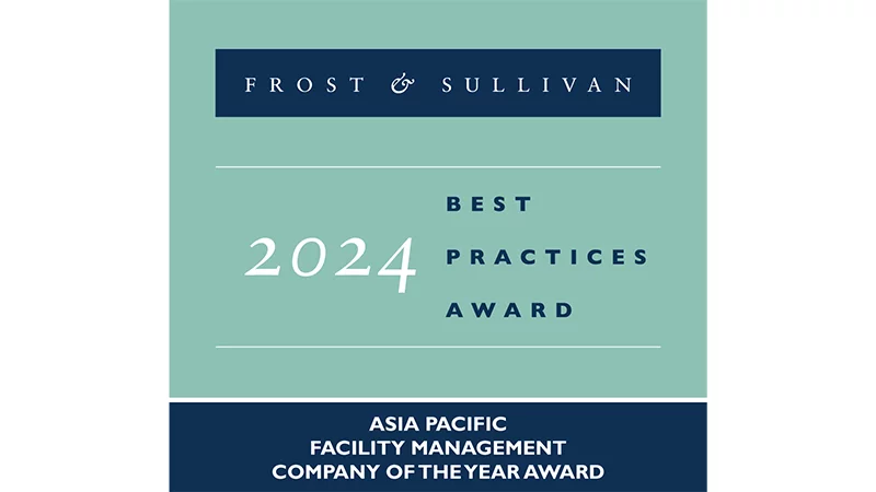 Frost & Sullivan 2024 Best Practices Award logo for Asia Pacific Facility Management Company of the Year, on teal background.