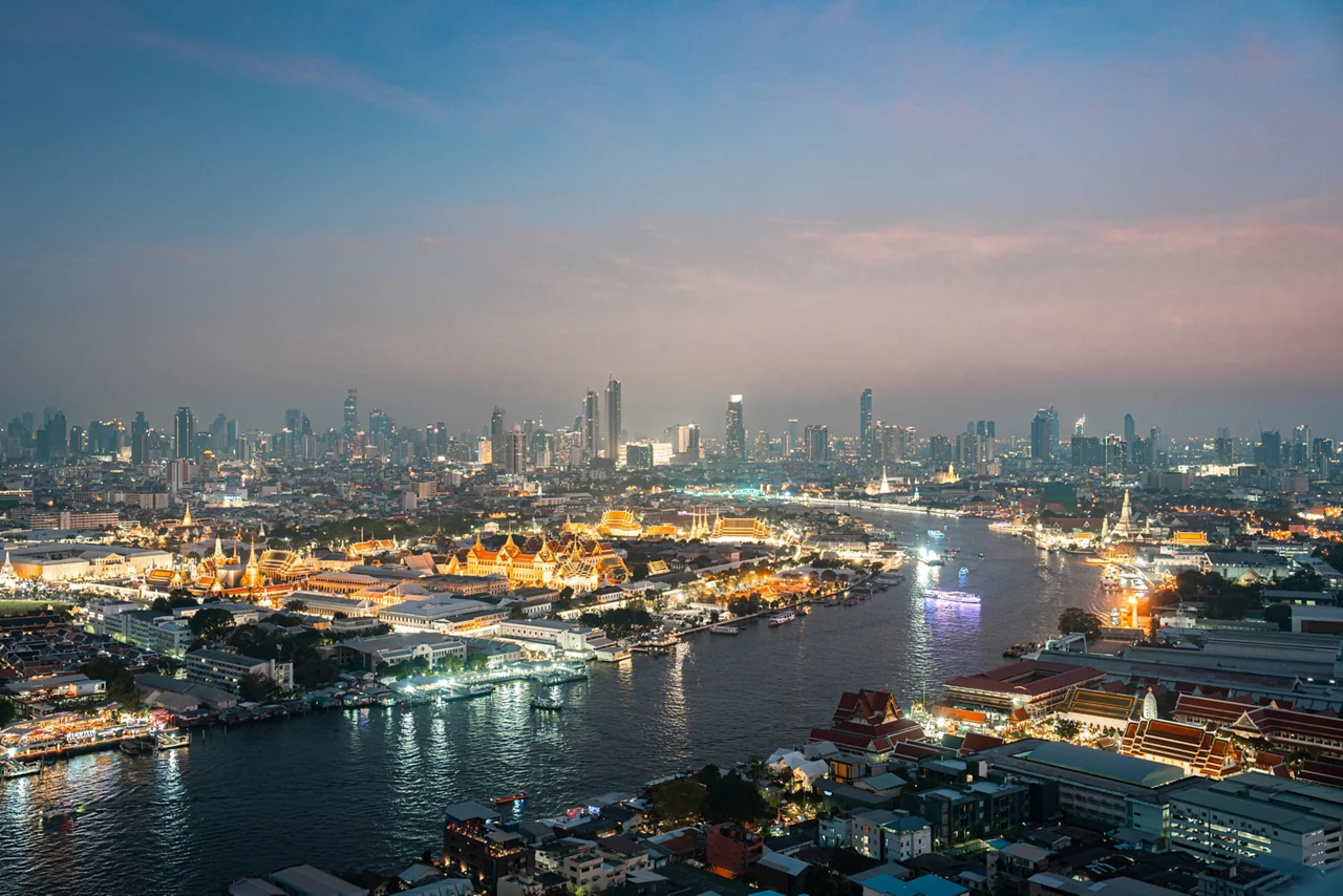 Bangkok skyline at night, contemporary buildings, aerial view, Thailand