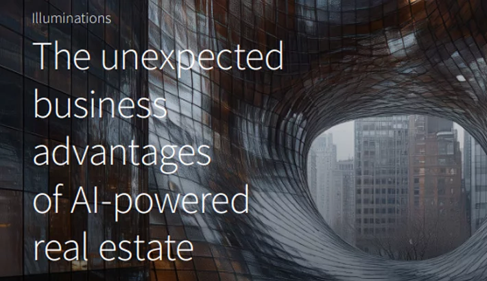 Modern architectural structure with circular opening framing city skyline, text overlaid about AI-powered real estate advantages.