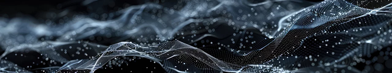 Abstract digital waves of light particles on dark background, creating flowing lines and patterns in grayscale.