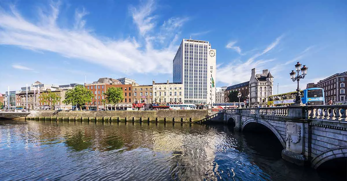 The River Liffey in Dublin, Ireland, reflecting the city’s vibrant atmosphere and historic landmarks.