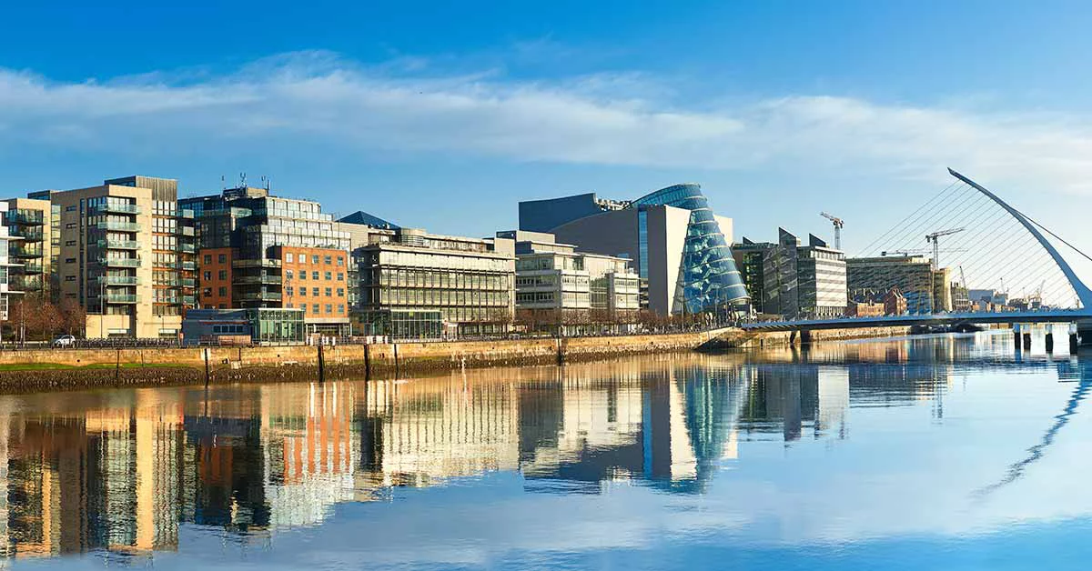 A vibrant street scene in Dublin, Ireland, reflecting the city's charm and its role in the European Union.