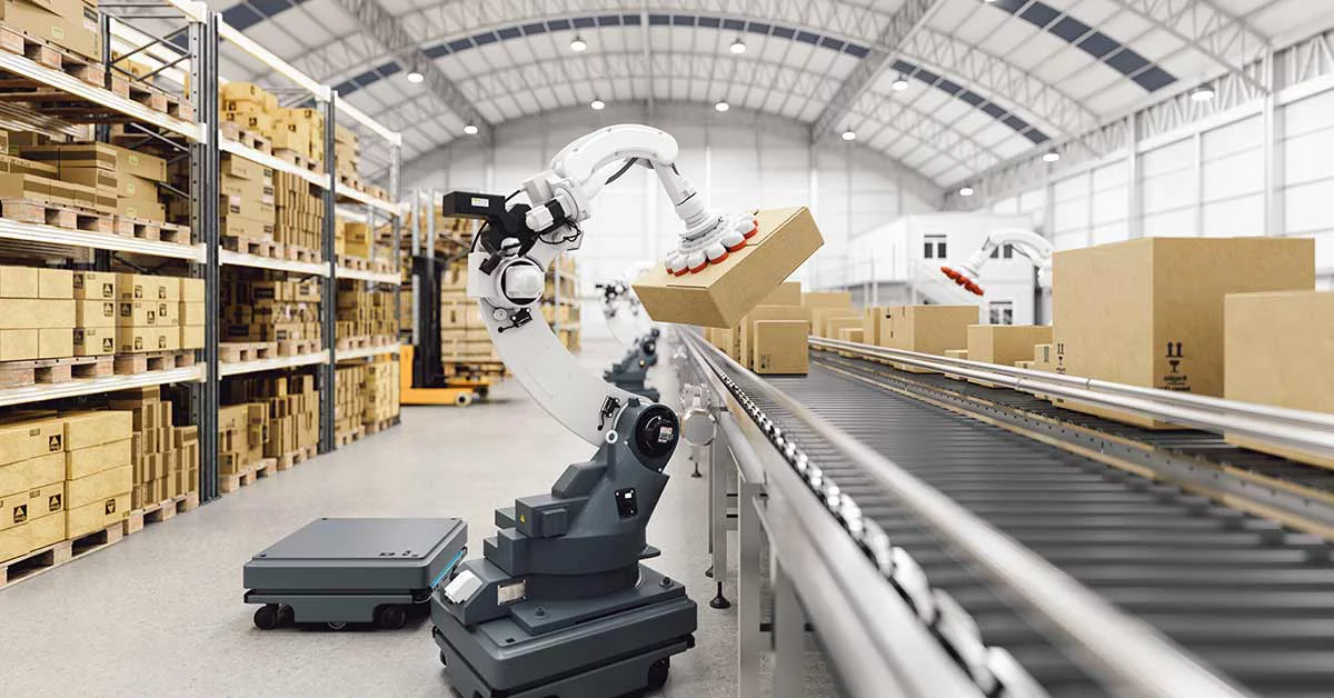 A robotic arm is seen transporting boxes on a conveyor belt, showcasing automation in logistics.