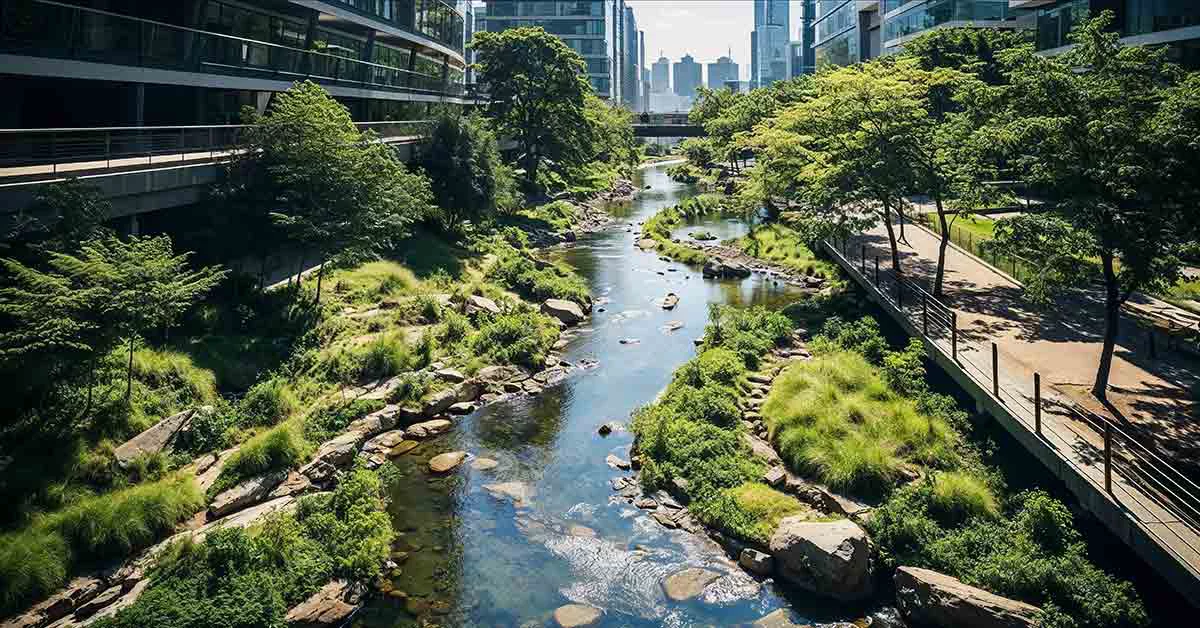 buildings along with trees and river