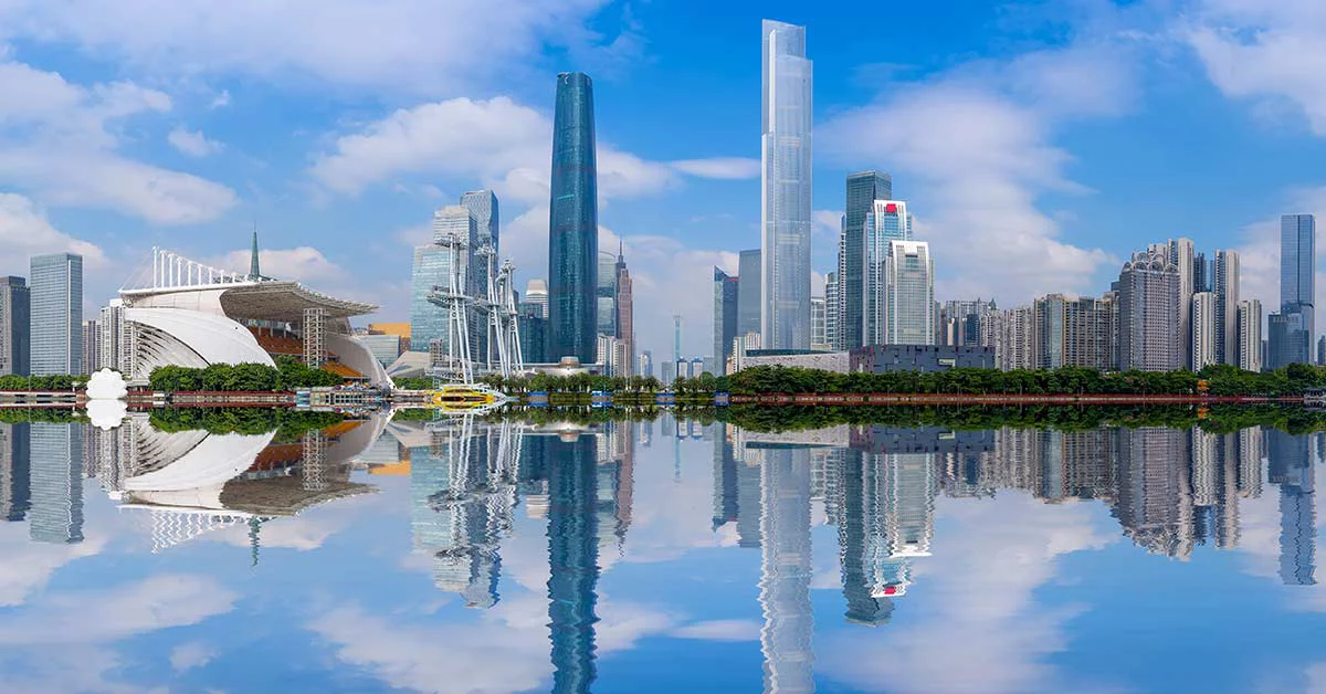 Mirror image of tall buildings