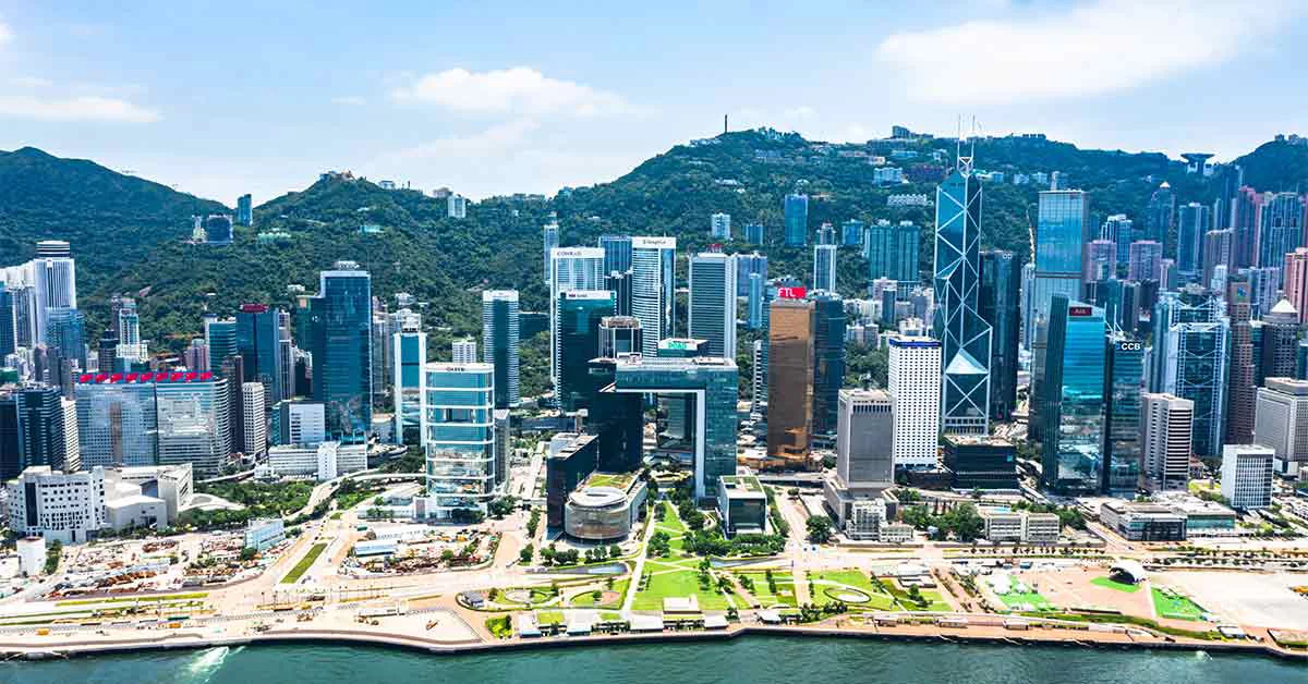 Aerial view of a city on the river bank